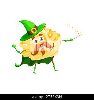 Cartoon Halloween italian pasta wizard character. Isolated vector fettuccine with pointy hat and curly mustache, holding magic wand, casting spells with puffs of glitter, adding fun twist to culinary Stock Vector