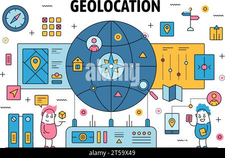 Geolocation poster banner template. Vector thin line art flat style design elements, symbols, icons for website banners and printed materials. Stock Vector