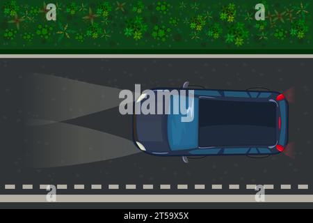 Car drive on road at night. Automobile ride on dark nighttime street. Vehicle driving on highway at dusk. Motor top view moving at evening on roadway. Stock Vector