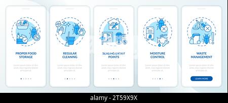Walkthrough integrated pest management with blue line icons Stock Vector