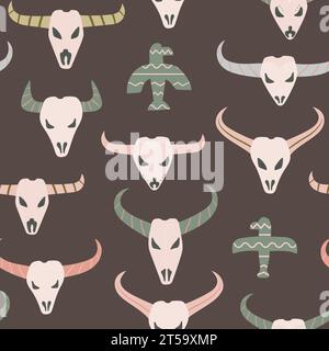 Western cow, bull skulls, eagles seamless vector pattern. Wild west brown background. Stock Vector