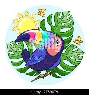 Cartoon toucan among monstera leaves. For children's design of prints, posters, stickers, cards, puzzles, etc. Vector illustration Stock Vector