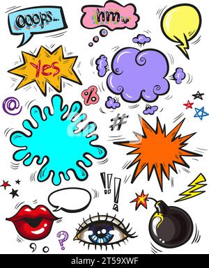 Vector set of vintage pop art comic badges, patches, stickers and speech bubbles with fashion phrases and expressions Yes, Ooops, Hm. Stock Vector