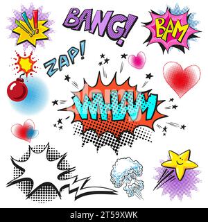 Vector vintage pop art comic speech and explosion bubble set with fashion phrases and expressions Bang, Zap, Wham, Bam. Stock Vector