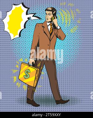 Vector illustration of businessman with briefcase talking on the phone, speech bubble. Retro pop art comic style. Stock Vector