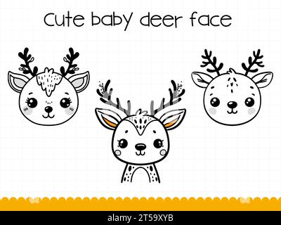 Cute deer face in simple doodle style set. Stock Vector