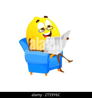 Cartoon lemon character reading newspaper sitting in comfortable armchair. Isolated vector relaxed citrus fruit wear glasses leisurely read printed articles and news publications in press media Stock Vector