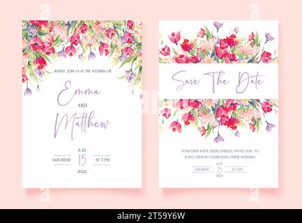 Floral watercolor wedding invitation with pink wild flowers and Save The Date cards, vector template. Stock Vector