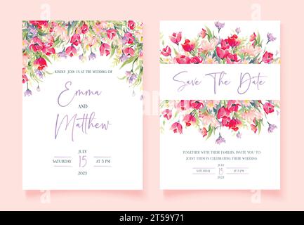 Floral watercolor wedding invitation with pink wild flowers and Save The Date cards, vector template. Stock Vector