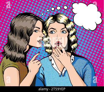 Pop art retro comic vector illustration. Woman whispering gossip or secret to her friend. Speech bubble. Stock Vector