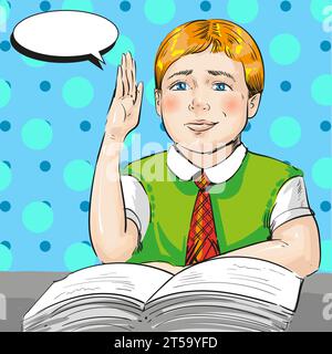 Vector pop art illustration of schoolboy at lesson Stock Vector