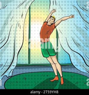 Vector pop art illustration of boy waking up in morning Stock Vector