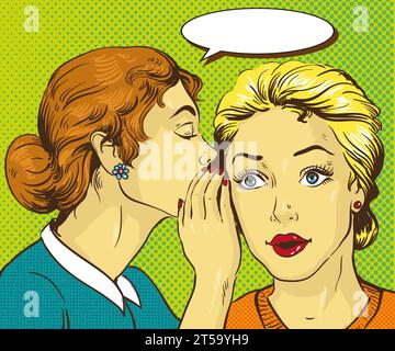 Pop art retro comic vector illustration. Woman whispering gossip or secret to her friend. Stock Vector