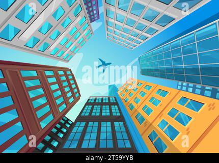 Silhouette of airplane flying above city office buildings. Vector plane over skyscrapers low angle view against blue sky reflects in glass windows of city towers. Upwards highrise urban architecture Stock Vector