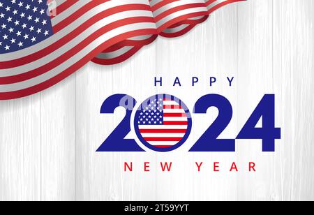 Happy New Year 2024 with flag USA on gray wooden boards. Holiday design with 3d flag on wooden grunge planks for social media. Vector illustration Stock Vector