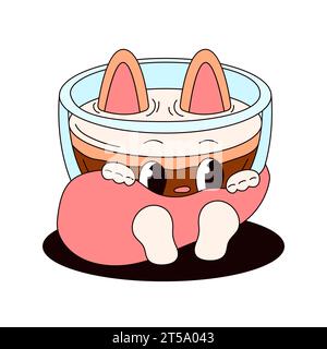 Groovy drink character with cats ears and tail. Cartoon retro style. Cup of coffee. Vector illustration isolated on a white background. Stock Vector