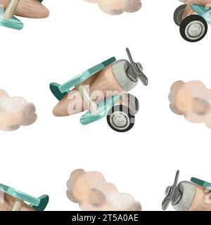 Toy airplane and clouds. Seamless vector pattern. Watercolor. Greeting cards, invitations, wrapping paper, baby shower, children's room wallpaper. Stock Vector