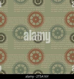 Steampunk style pattern with gear wheels and old Lorem ipsum text, vintage antique steampunk green background. Vector illustration Stock Vector