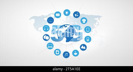Blue 5G Network Label with Grey World Map and Circle of Tech Icons - High Speed, Broadband Mobile Telecommunication and Wireless Internet Design, New Stock Vector