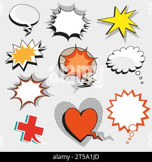 Vector pop art comic speech bubbles, shapes and signs Stock Vector