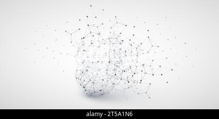 Abstract Grey Cloud Computing and Network Connections, Data Flow  Concept Design with Transparent Polygonal Geometric Mesh, Wireframe Sphere - Black a Stock Vector