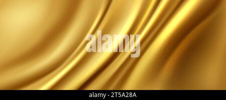 Golden satin cloth background. Vector realistic illustration of yellow silk fabric with smooth shiny texture, luxury soft textile material with wavy surface, curtain with abstract folds, liquid paint Stock Vector