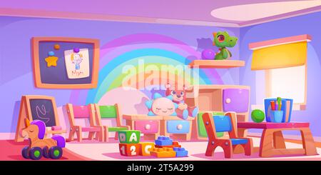 Kindergarten playroom with toys. Vector cartoon illustration of large room with window, rainbow color wall, blackboard for drawing, book and pencils on wooden table, chairs for kids, nursery play area Stock Vector
