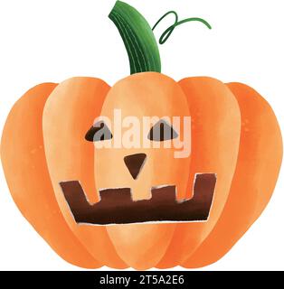 Halloween Pumpkin Face in Watercolor Style: Spooky Celebration of Trick or Treating in October Stock Vector