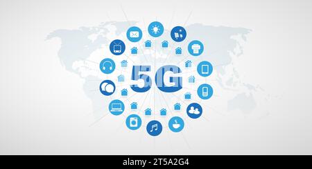 Blue 5G Network Label with Grey World Map and Circle of Tech Icons - High Speed, Broadband Mobile Telecommunication and Wireless Internet Design, New Stock Vector
