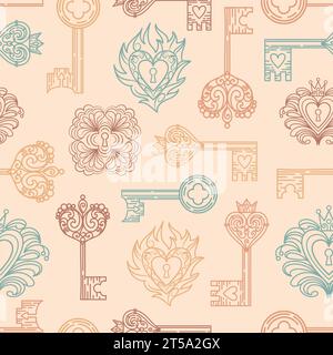 Vintage seamless pattern of keyholes and locks in Gothic style. Filigree, heart with crown, floral motif, leaves and herbs. Magical items, fantasy, bo Stock Vector