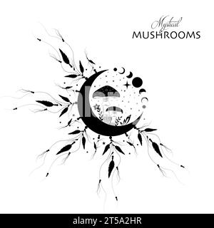 Shamanic magic mushrooms, Mystical Amanita Muscaria with moon phases and stars. Witchcraft  Dreamcatcher symbol, witchy esoteric fungus logo tattoo Stock Vector