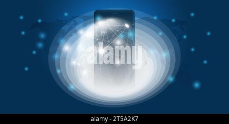 Abstract Blue Cloud Computing, Networks, Mobility, Telecommunications Concept, 3D Design with Glowing Whirling Lines of Flowing Data and Mobile Phone Stock Vector
