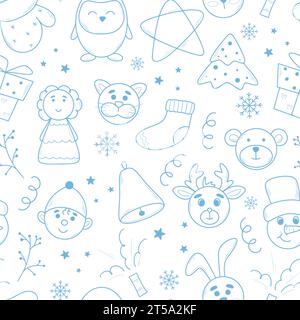 Christmas eve seamless doodle pattern. Hand drawn holiday characters and winter elements. New Year print for wrapping paper, textile, fabric, wallpape Stock Vector