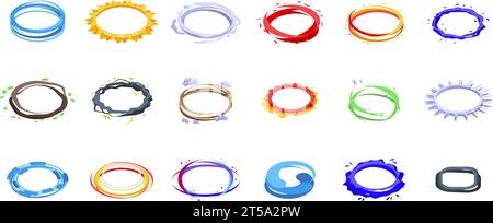 Ring energy flare icons set isometric vector. Energy teleport. Circle portal glow Stock Vector