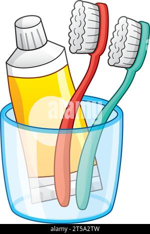 Toothbrushes and toothpaste in a cup Stock Vector