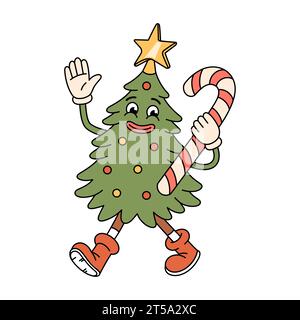 Groovy Christmas tree character with candy cane. Retro groovy cartoon character in doodle style. Vector illustration isolated on white. Stock Vector