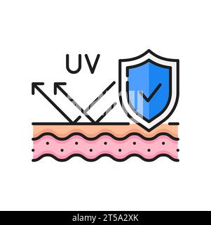 Sunscreen, UV rays protection skin care line icon. Sunburn treatment, ultraviolet sunlight screen cosmetics, dermatology product outline vector sign, icon or pictogram with skin epidermis layer Stock Vector