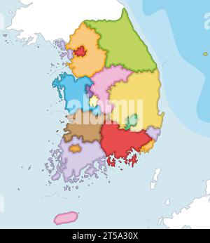 Vector illustrated blank map of South Korea with provinces, metropolitan cities and administrative divisions, and neighbouring countries. Editable and Stock Vector