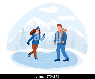 Girl and boy skating outdoors, forest and mountains on background, winter sports concept, vector illustration Stock Vector