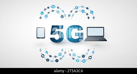 5G Network Label, Between Two Mobile Devices - Icons and Network Mesh - High Speed Broadband Mobile Telecommunication and Wireless Internet Design, Ne Stock Vector
