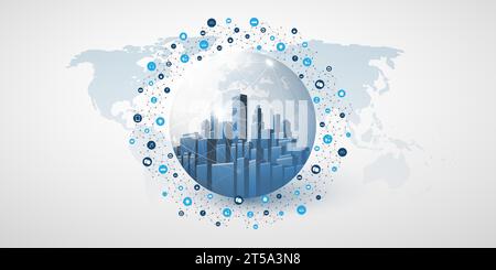 Futuristic Smart City, Cloud Computing Design Concept with Polygonal Mesh, Cluster, Nodes, Icons - Global Digital Network Connections Between Devices Stock Vector
