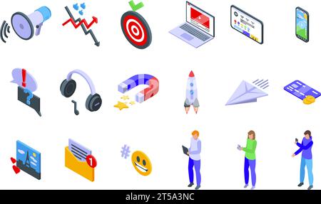 Social media management icons set isometric vector. Agency market content. Digital blog channel Stock Vector