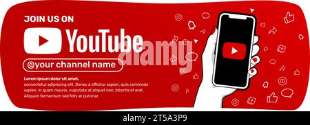 Youtube Follow Us web banner. Hand of woman holding a smartphone with Youtube logo on the screen. Vector illustration. Flat colors. Editable template. Stock Vector