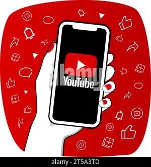Youtube square banner. Hand of woman holding a smartphone with YouTube logo on the screen. Vector illustration. Flat colors. Stock Vector