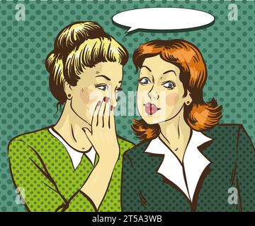 Pop art retro comic vector illustration. Woman whispering gossip or secret to her friend. Speech bubble Stock Vector