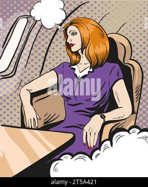 Girl siting and looking out the airplane window. Vector illustration in retro comic pop art style. Business class private jet Stock Vector