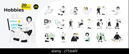 Hobbies leisure activity black and white cartoon flat illustration bundle Stock Vector