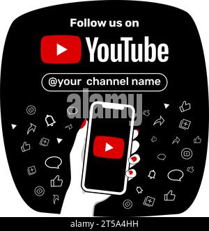 Youtube Follow Us square banner. Hand of woman holding a smartphone with Youtube logo on the screen. Vector illustration. Flat colors. Stock Vector