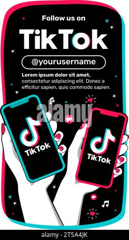 Hands of two women holding smartphone with Tiktok logo in the screen. Template in vertical format for place your information. Video social network. Stock Vector