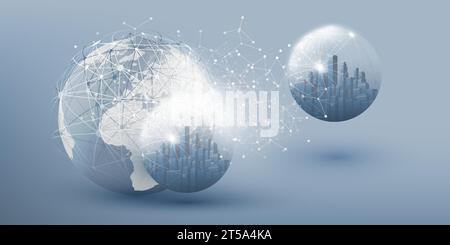 Futuristic Smart City, Cloud Computing Design Concept with Polygonal Mesh, Cluster, Nodes, Earth Globe - Global Digital Network Connections Between Ci Stock Vector